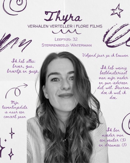 Even voorstellen 💟  Ik krijg vaak te horen: Hé Flore, maar dat is niet mijn echte naam. Ik heet Thyra en Flore is de familienaam van mijn moeders kant.  💟 Ik kom uit een samengesteld gezin en heb daardoor alles. Ik noem ze nooit half, want zo voelen ze niet, maar : twee halfbroers, 2 halfzussen, broertje en zusje. De oudste is zo'n 8 jaar ouder dan ik ben en de jongste ongeveer 8 jaar jonger.
💟 Volgend jaar gaan mijn verloofde ik na 15 jaar samenzijn trouwen. Ik was 17 dat we verkering kregen. 
💟 Mijn lievelingsdate is naar een concert gaan. Myles Smith staat op de planning. Alvaro Soler en John Mayer zijn wel echt favoriet.
💟 Ik ben moeder van een peuter (3) en dreumes (1). De peuter liet even op zich wachten en ook wij hebben miskramen meegemaakt.
💟 Ik heb weinig beeldmateriaal van mijn vader. Hij is na diagnose binnen een jaar aan kanker overleden. Ik leg daarom heel graag gezinnen vast. Is het niet voor nu belangrijk, is het in de toekomst van onschatbare waarde. Dit is waarom ik doe wat ik doe.